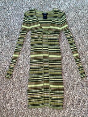 Hot Topic Olive & Khaki Striped Tie-Front Long Sleeve Cardigan